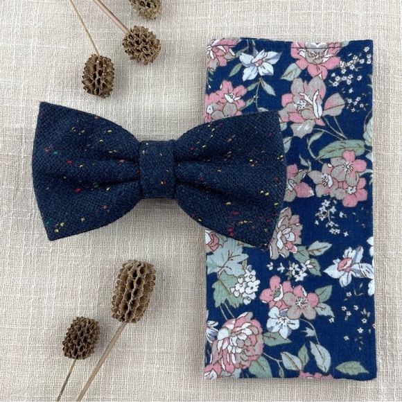 Men’s Navy Donegal Tweed Bow Tie & Boho Style Floral Pocket Square - Picture 1 of 5